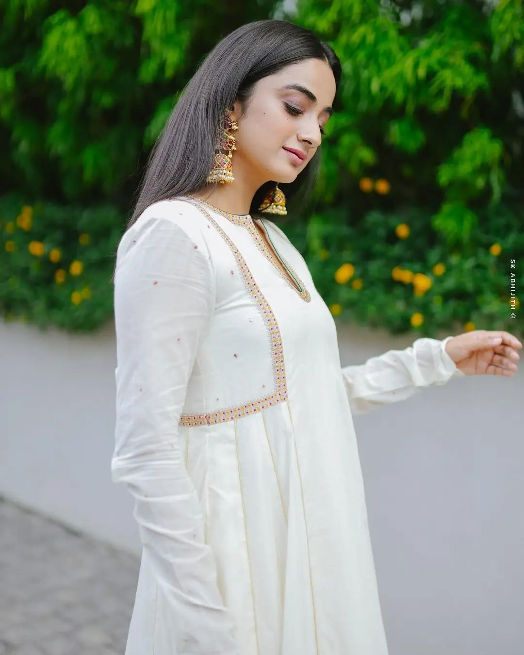 Namitha Pramod Wearing Beautiful Earring Jewellery White Dress